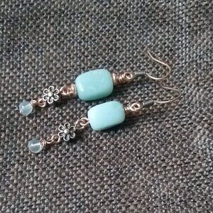 Lightweight Green Aventurine & Copper Blossoms Dangle Earrings! Prosperity +Luck